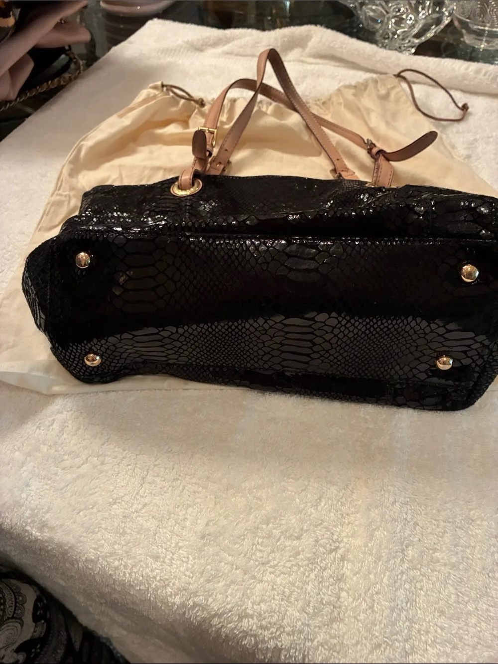 Michael Kors Black Patent Snake-Embossed Tote with Leather Handles